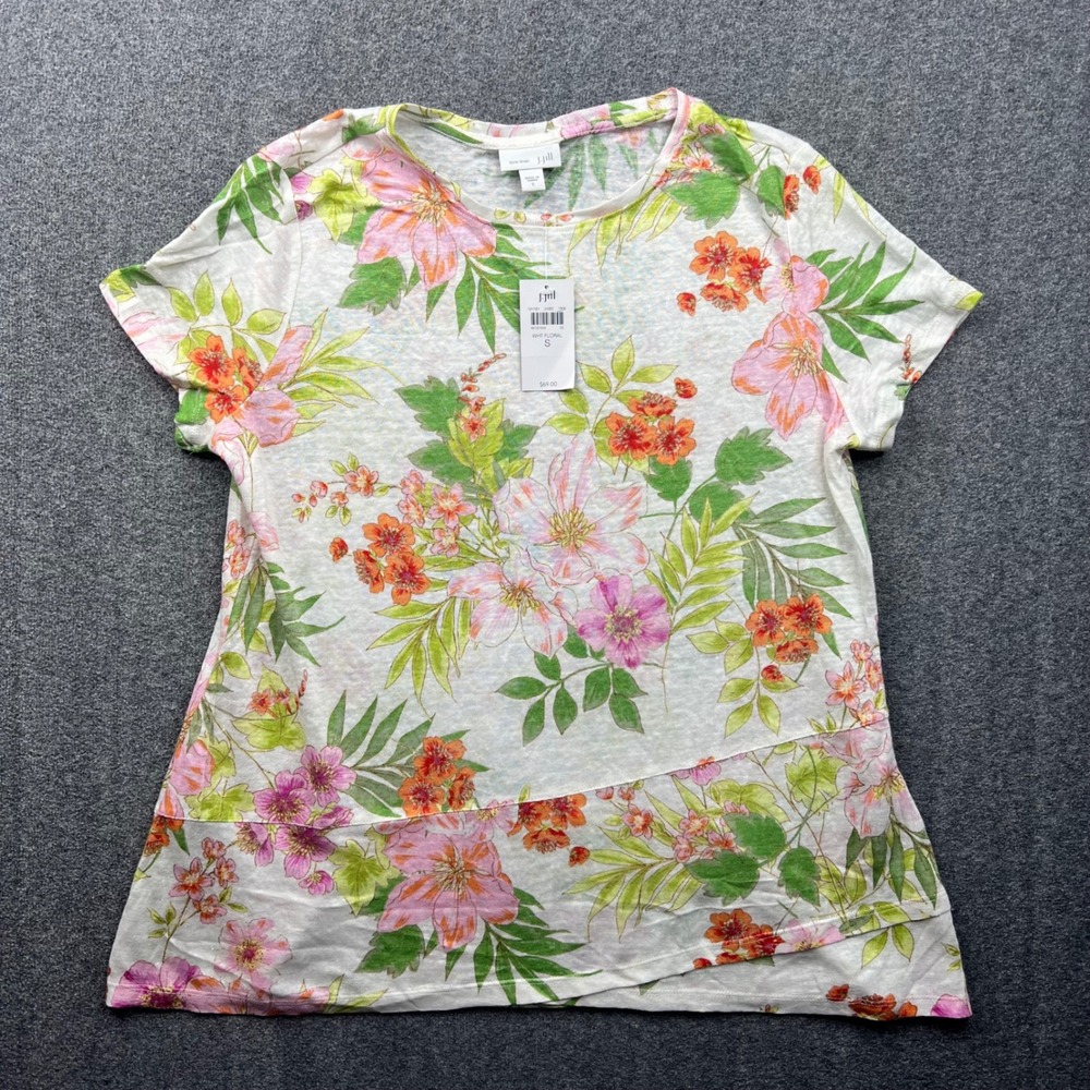 J Jill Love Linen Top Womens Small White Floral Short Sleeve Crew Neck Tee NWT